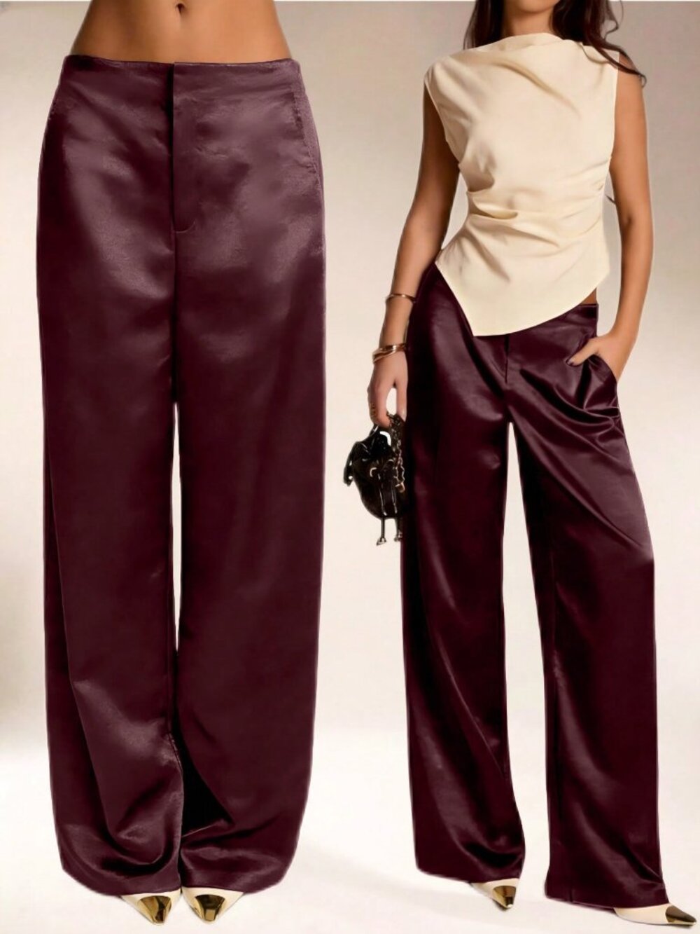 Burgundy Elegant Women's Straight Long Pants